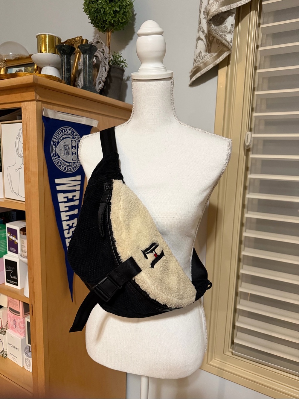 Tommy Hilfiger x Lewis Hamilton Black & Cream Shearling Crossbody Sling Bag